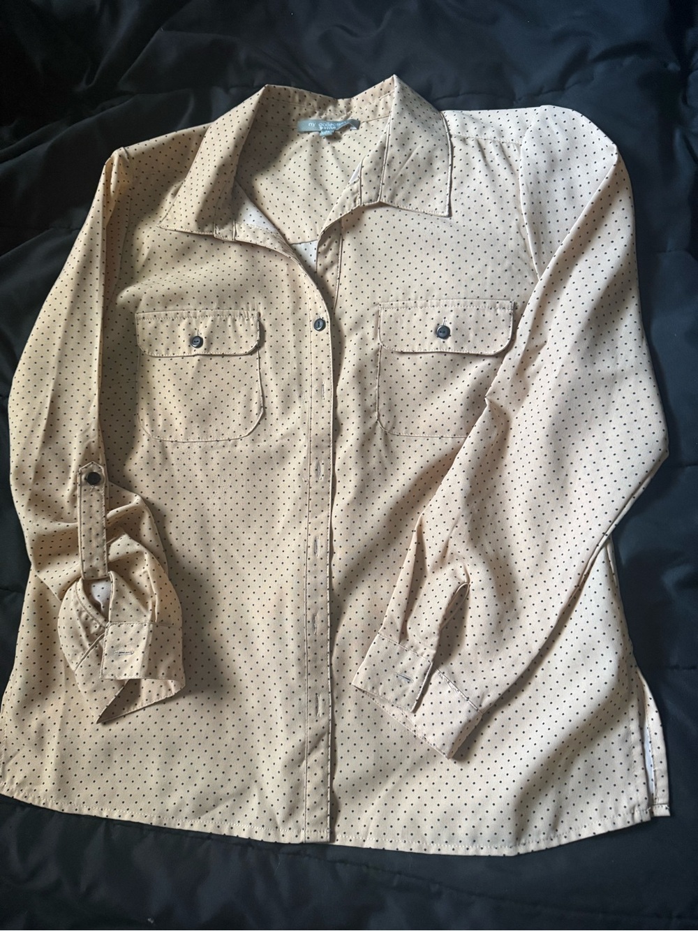 NY Collection Tan Polka Dot Button-Up Blouse